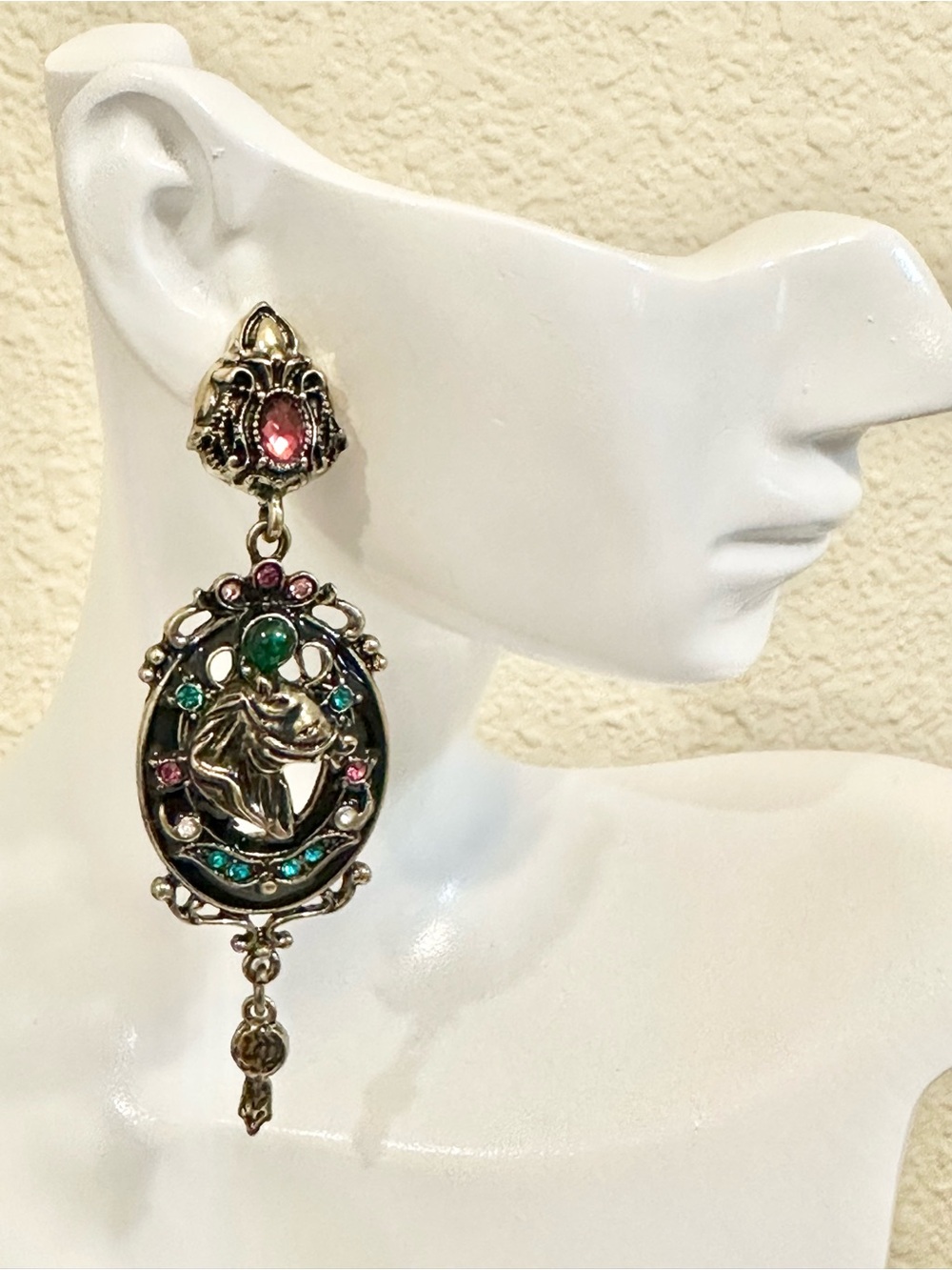Gold Plated Vintage Inspired Horse Cameo Earrings w/ Pink & Teal Accents
